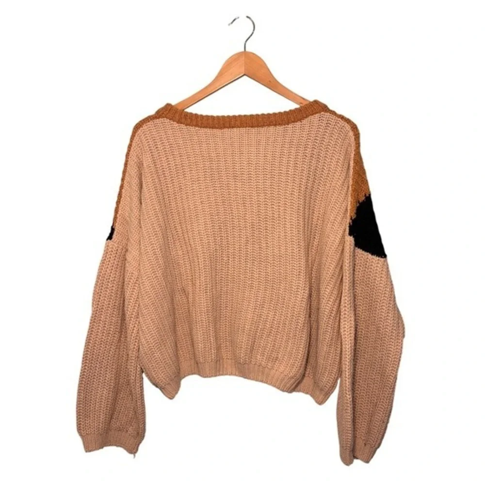 Lumiere Chevron Stripe V-Neck Sweater‎ Cream Tan Black Knit L